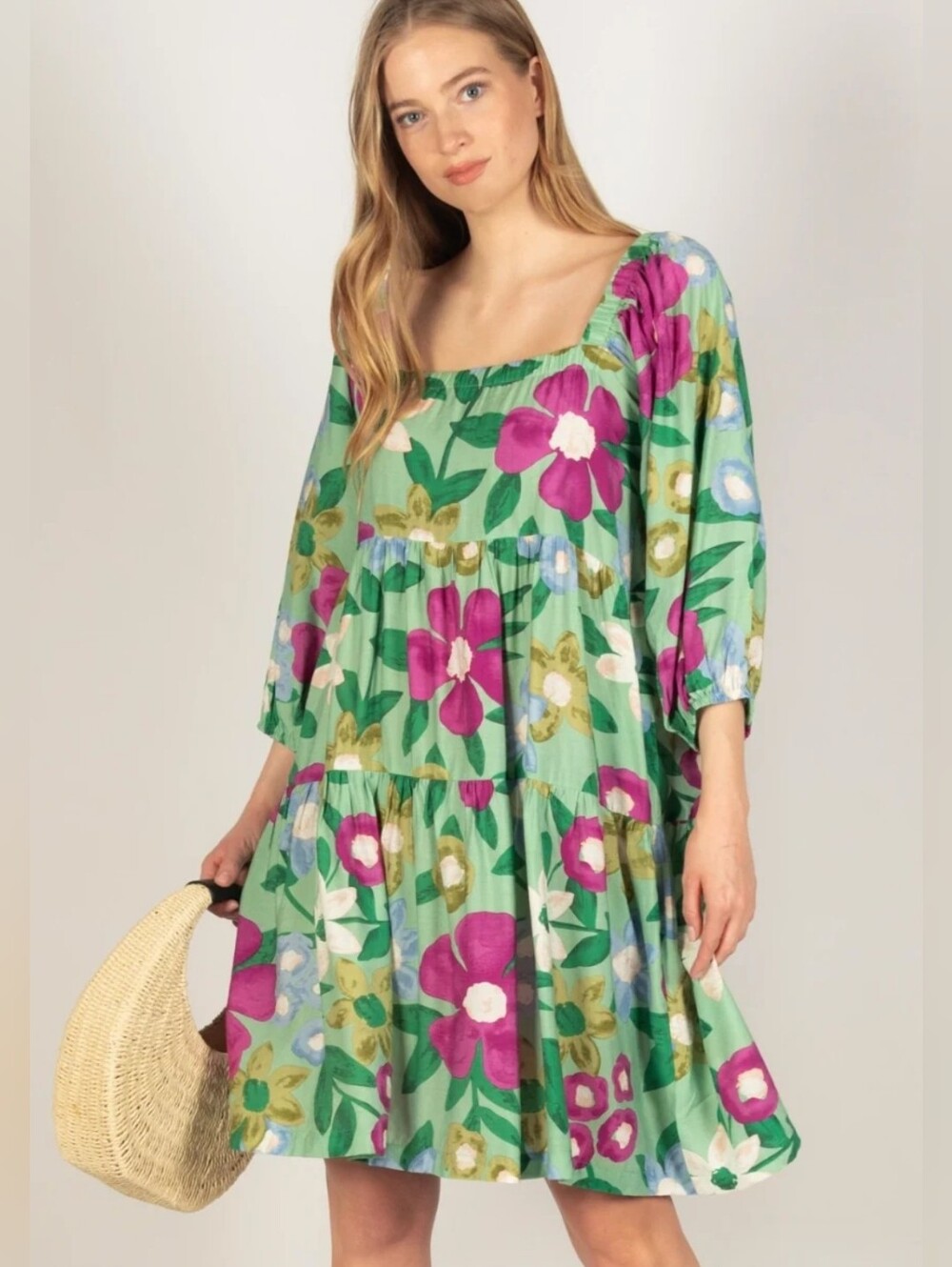 Before You Floral Print Square Neck 3/4 Sleeve Mini Dress Size L